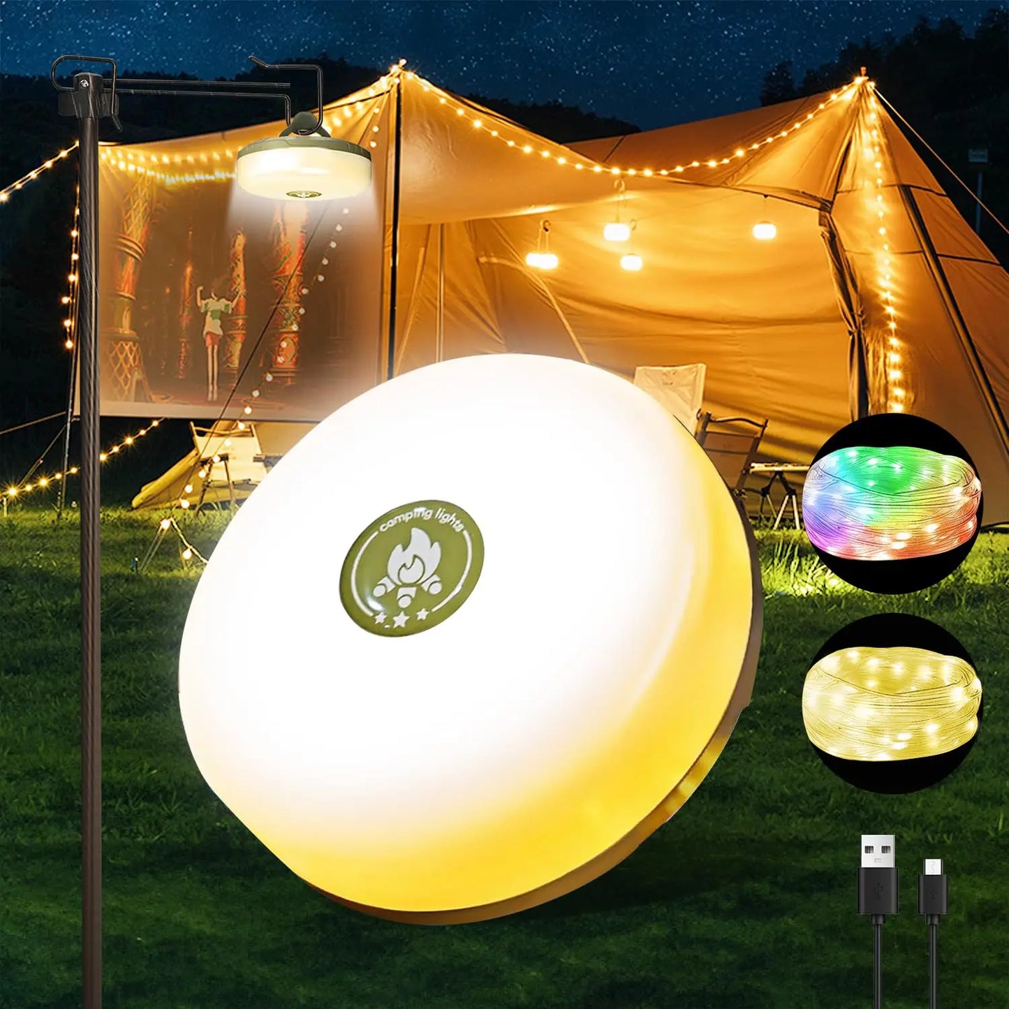 Camping Light 10Meter Recyclable Rolling String Light Waterproof Tent Lamp