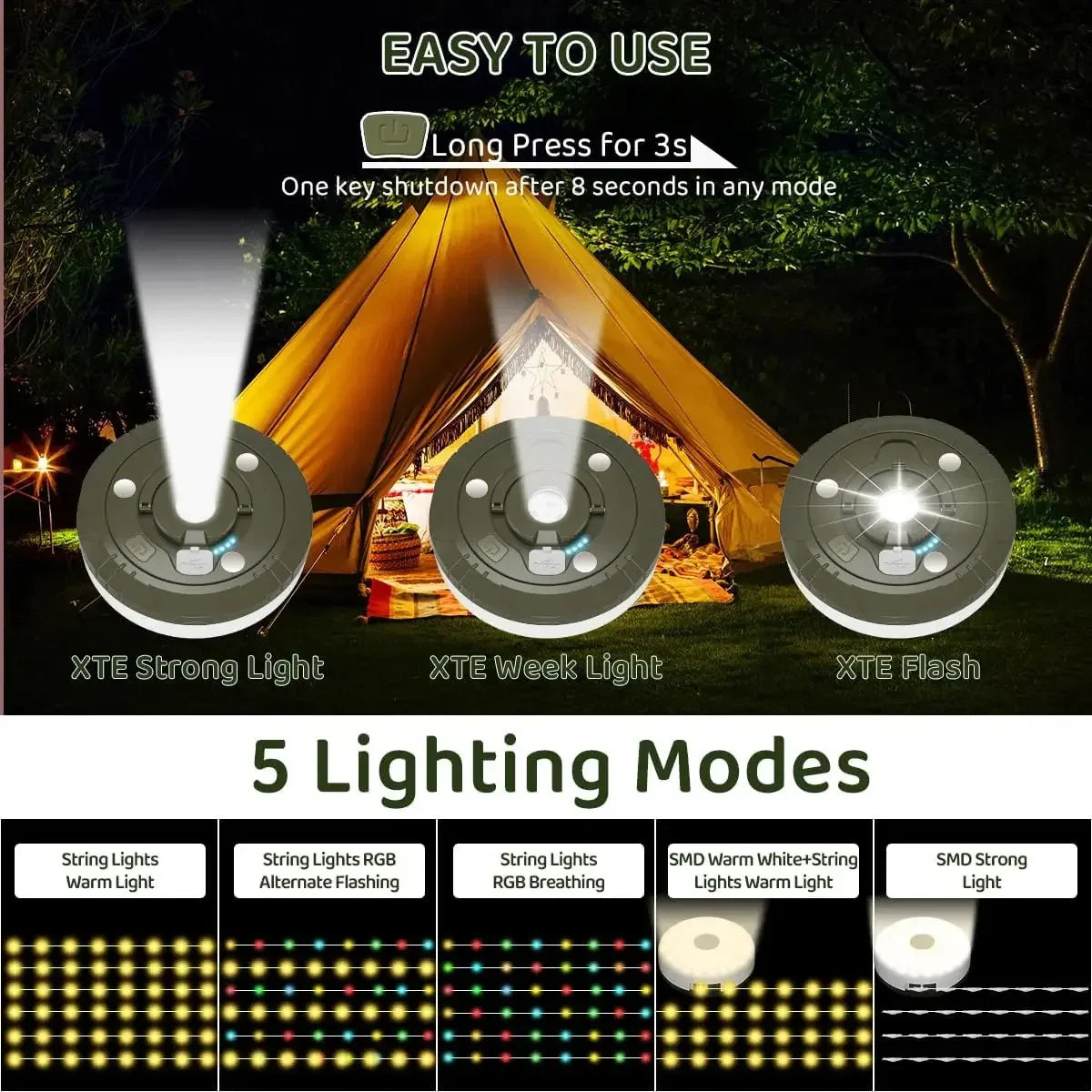 Camping Light 10Meter Recyclable Rolling String Light Waterproof Tent Lamp